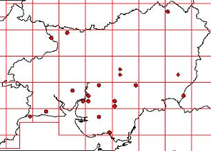 Tetrad distribution of Jubula hutchinsae in Carmarthenshire.  Diamonds are pre-1995 records, circles are post-1995 records.